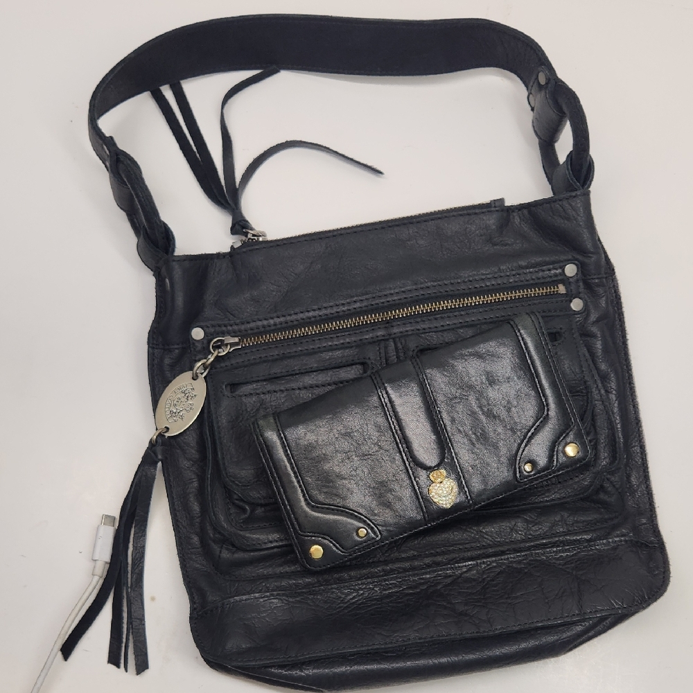 Juicy Couture Black Leather Crossbody Bag with Front Pocket and Tassel